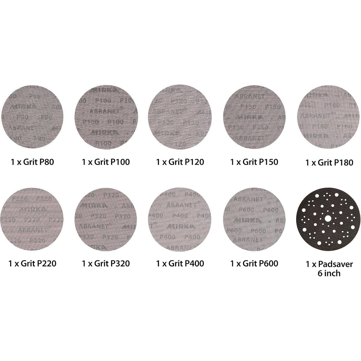 Mirka Abranet 6-inch assorted grit sanding discs labeled P80 through P600 with 6-inch pad saver