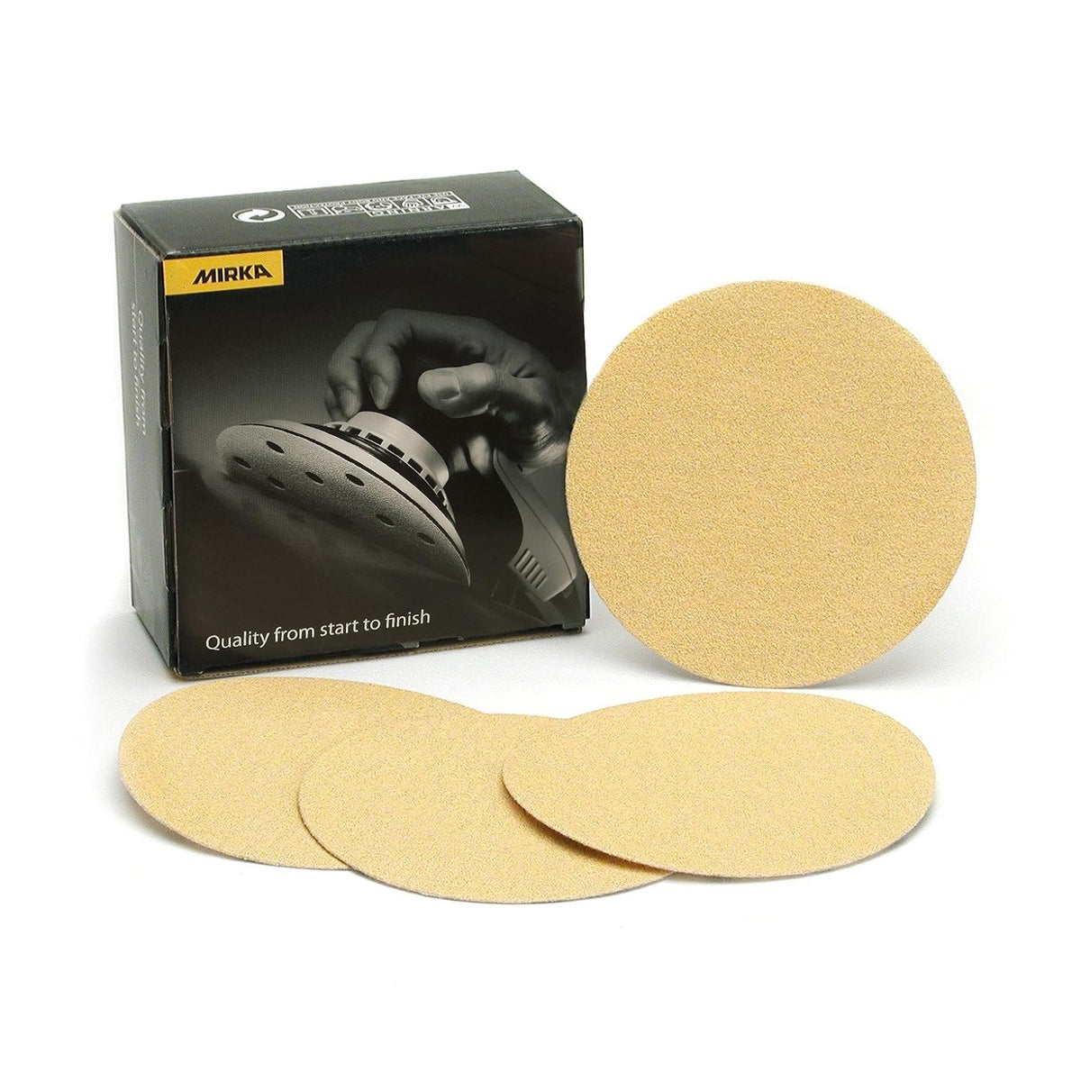 Mirka Bulldog Gold 6-inch 600 grit PSA sanding discs with product box