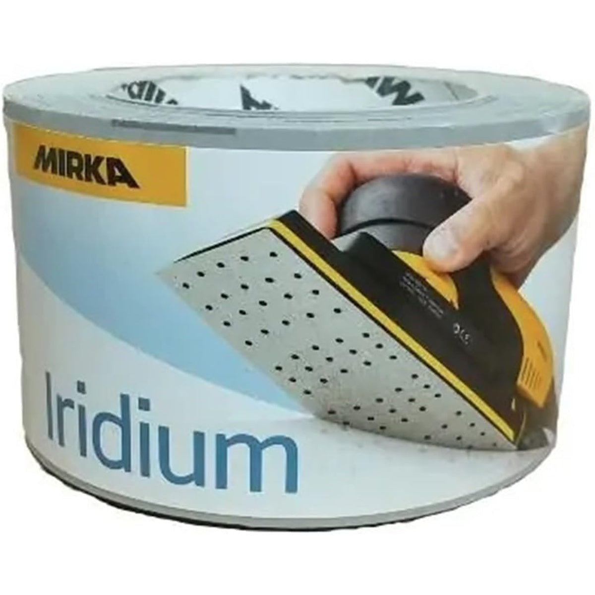 Mirka Iridium sanding sheet roll packaging with hand sanding block graphic