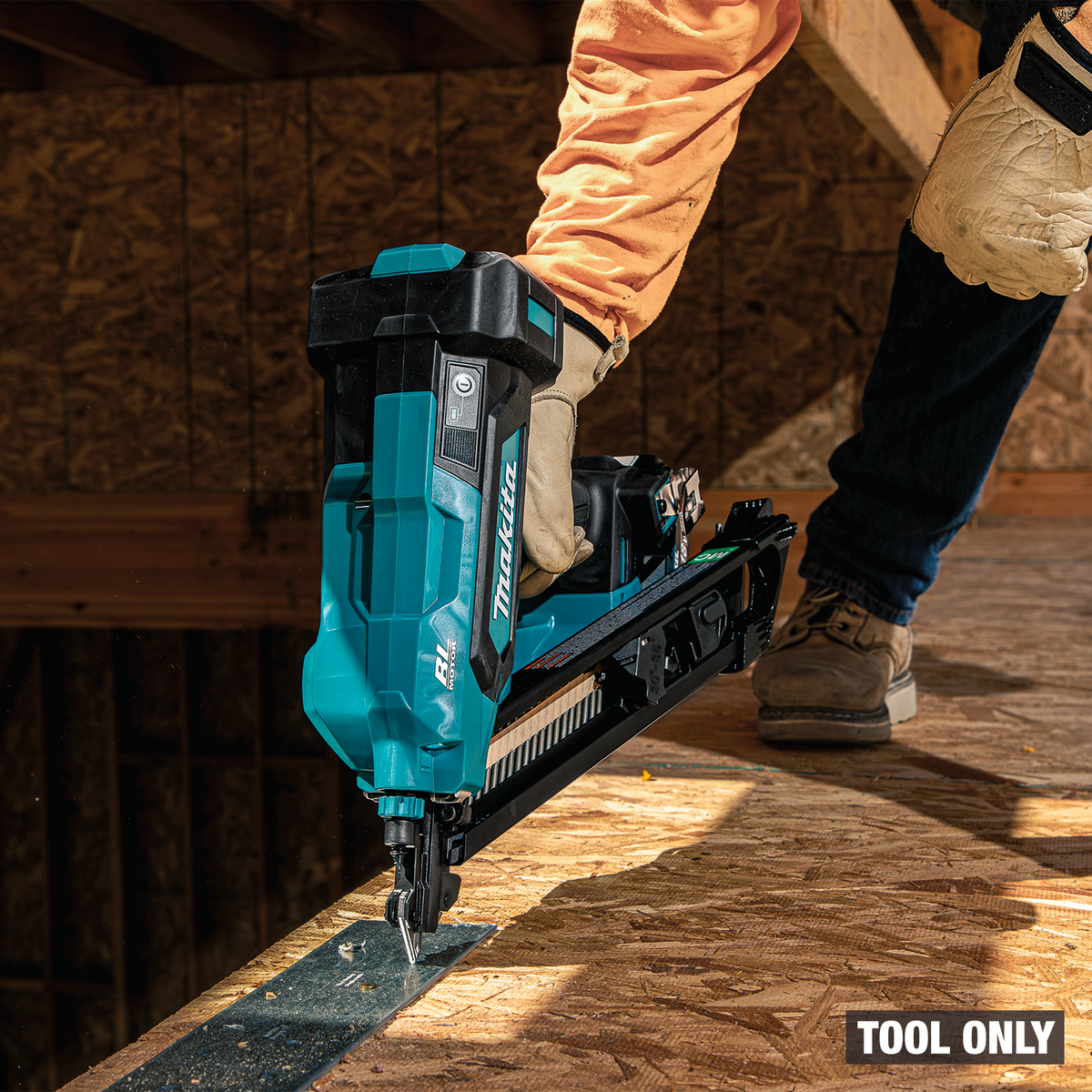 Makita 18V LXT Brushless 2-1/2-in. Positive Placement Metal Connector Nailer (XNB09Z) - in use on the job 12