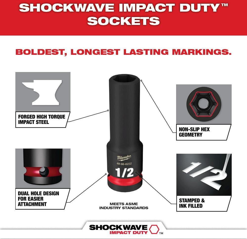 Milwaukee 49-66-7006 12-Piece SHOCKWAVE 3/8-Inch Drive SAE Deep 6-Point Impact Duty Socket Set