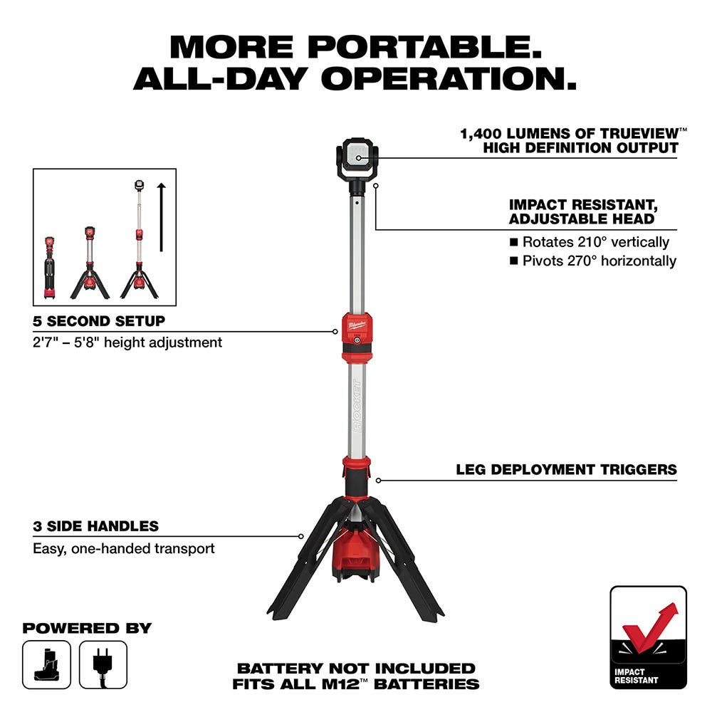 Milwaukee 2132-20 M12 / Corded ROCKET Dual Power Tower 1,400-Lumen Light