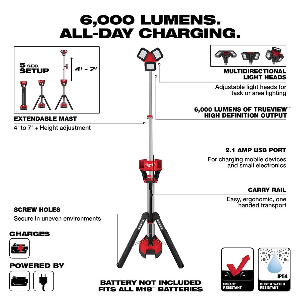 Milwaukee 2136-20 M18 ROCKET 6,000-Lumen Tower Light/Charger, Tool Only