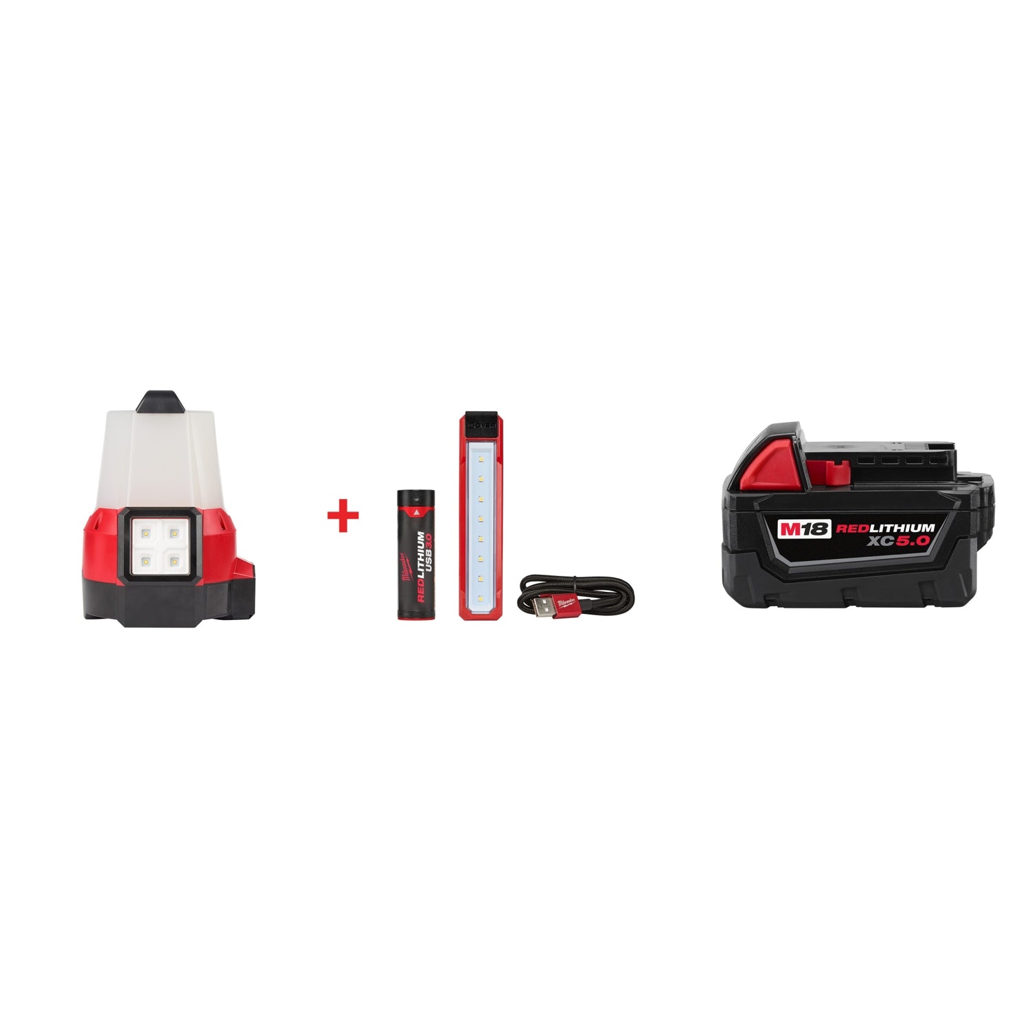 Milwaukee M18 RADIUS Site Light (FM) & ROVER USB Flood Light Set with M18 REDLITHIUM XC 5Ah Battery