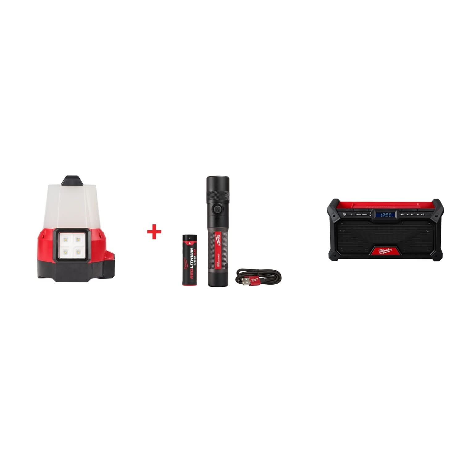 Milwaukee M18 RADIUS Site Light (FM) & Twist Focus USB Flashlight Set with M18 Bluetooth Jobsite Radio