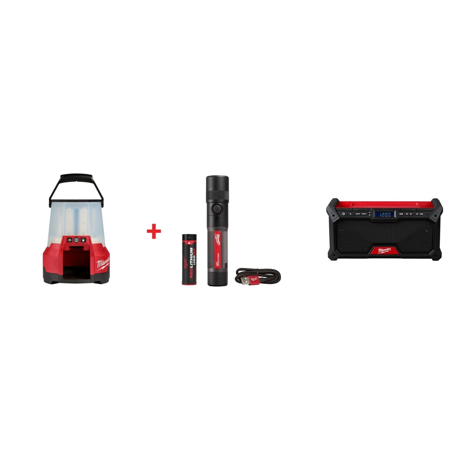 Milwaukee M18 RADIUS LED Site Light & Twist Focus USB Flashlight Set with M18 Bluetooth Jobsite Radio