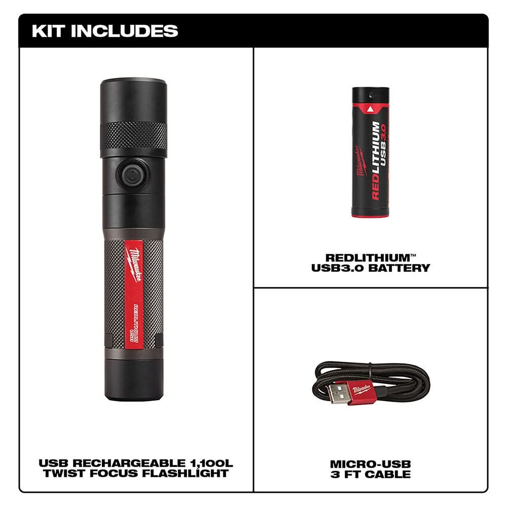 Milwaukee 2161-21 USB Rechargeable 1100L Twist Focus Flashlight Milwaukee 2161-21 USB Rechargeable 1100L Twist Focus Flashlight