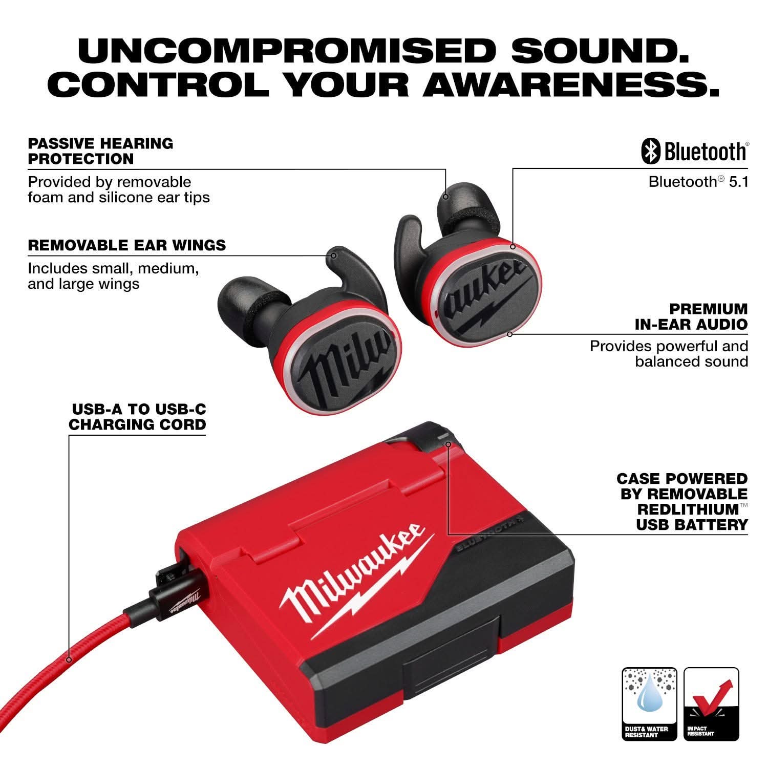Milwaukee REDLITHIUM USB Bluetooth Ear Buds with USB Rechargeable BEACON 600-Lumen Hard Hat Light