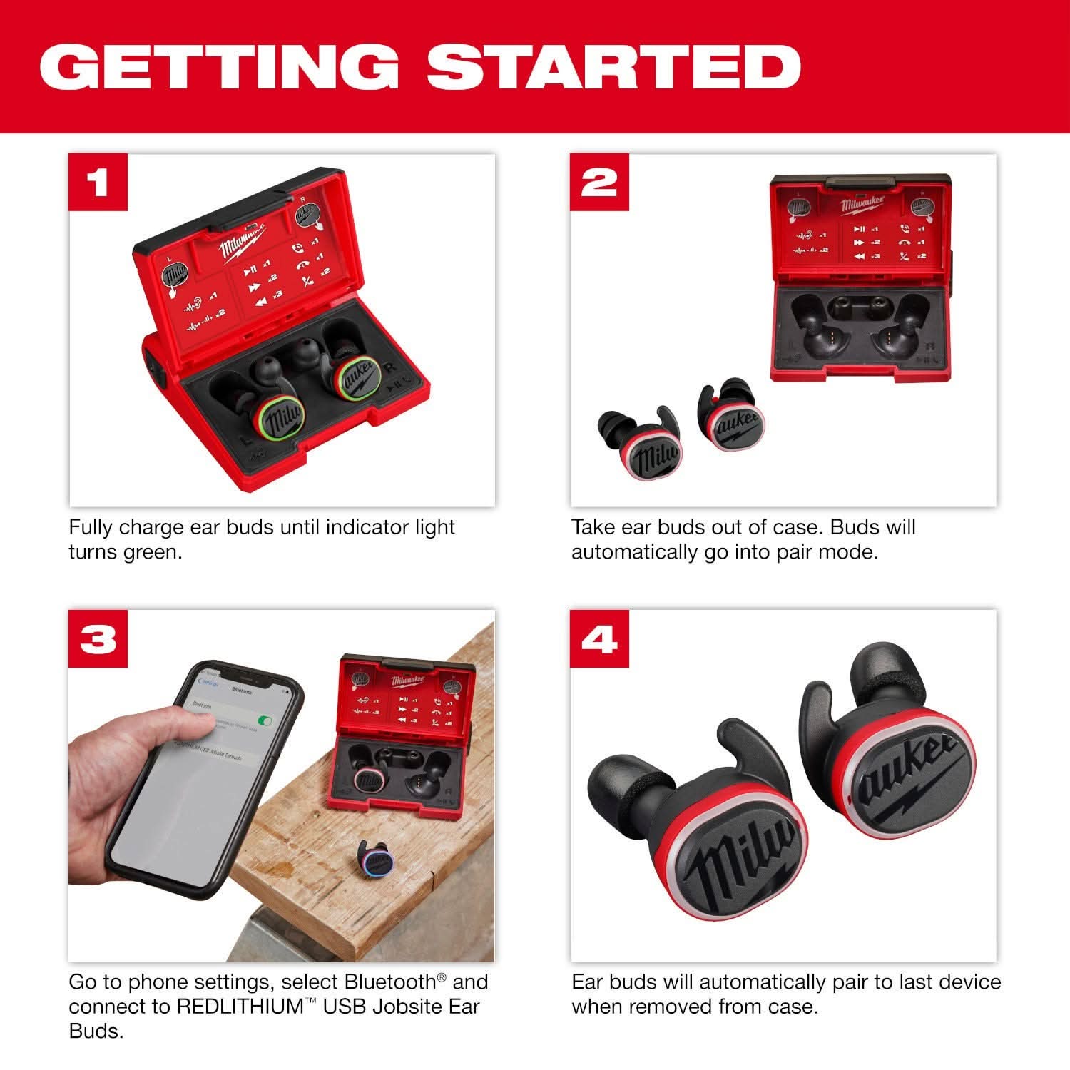 Milwaukee REDLITHIUM USB Bluetooth Ear Buds with USB Rechargeable BEACON 600-Lumen Hard Hat Light