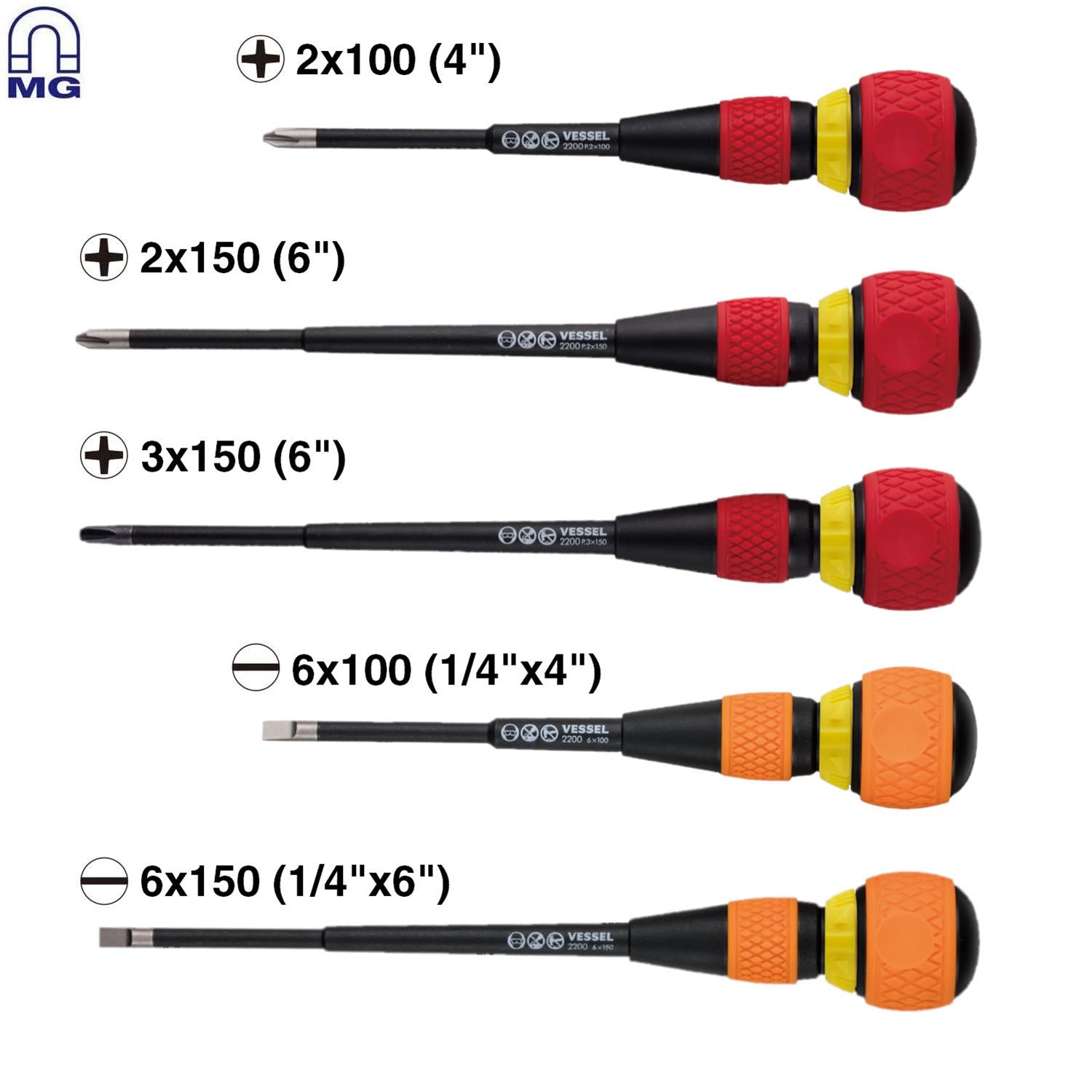 Vessel Ball Grip ratchet screwdrivers with magnetic tips, all 5 blade sizes labeled