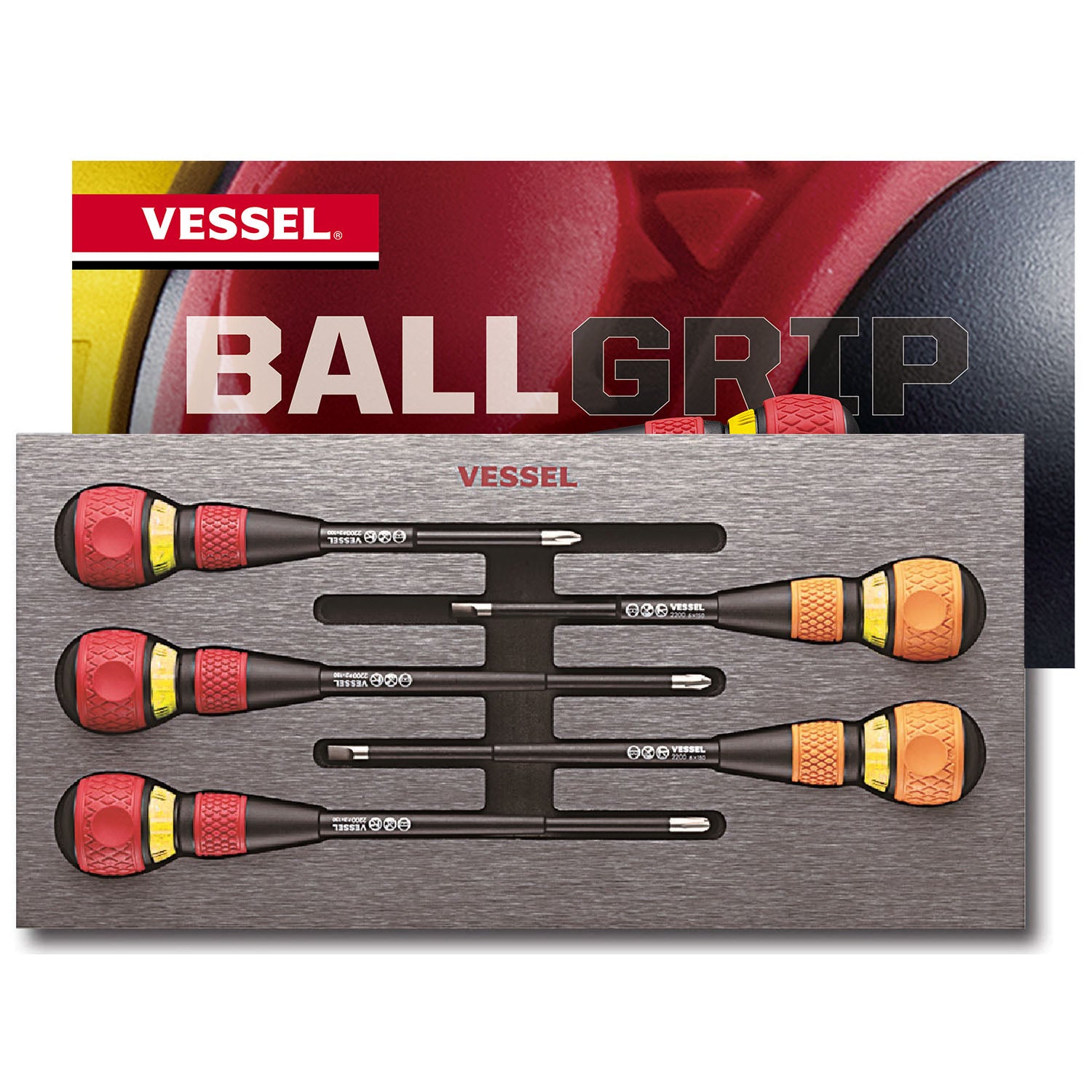 Vessel 22005EVA Ball Grip ratchet screwdriver 5-piece set laid out in tray showing red and orange handles