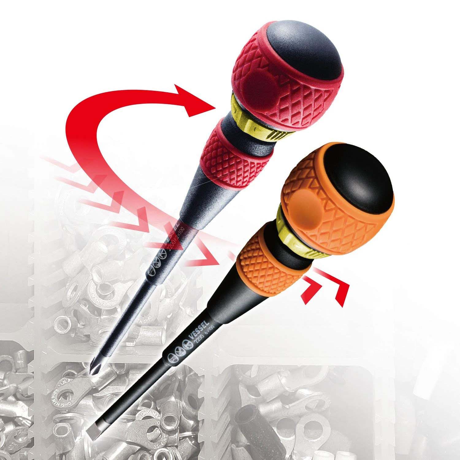 Close-up of Vessel Ball Grip screwdriver handle showing clockwise and counterclockwise ratchet rotation
