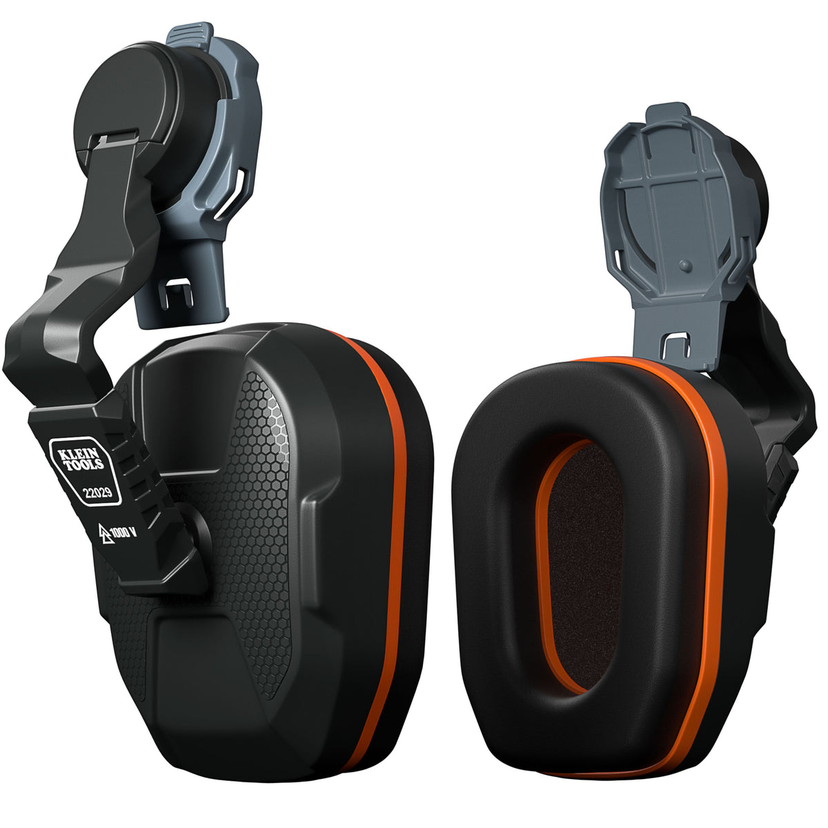 Klein Tools 22029 slim non-conductive hard hat earmuffs in black, gray and orange