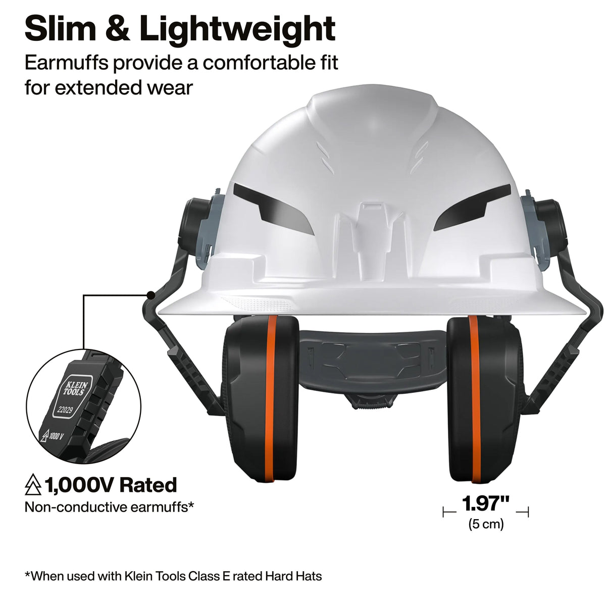 Klein Tools 22029 hard hat earmuffs with up to 27 dB noise reduction rating for loud jobsites