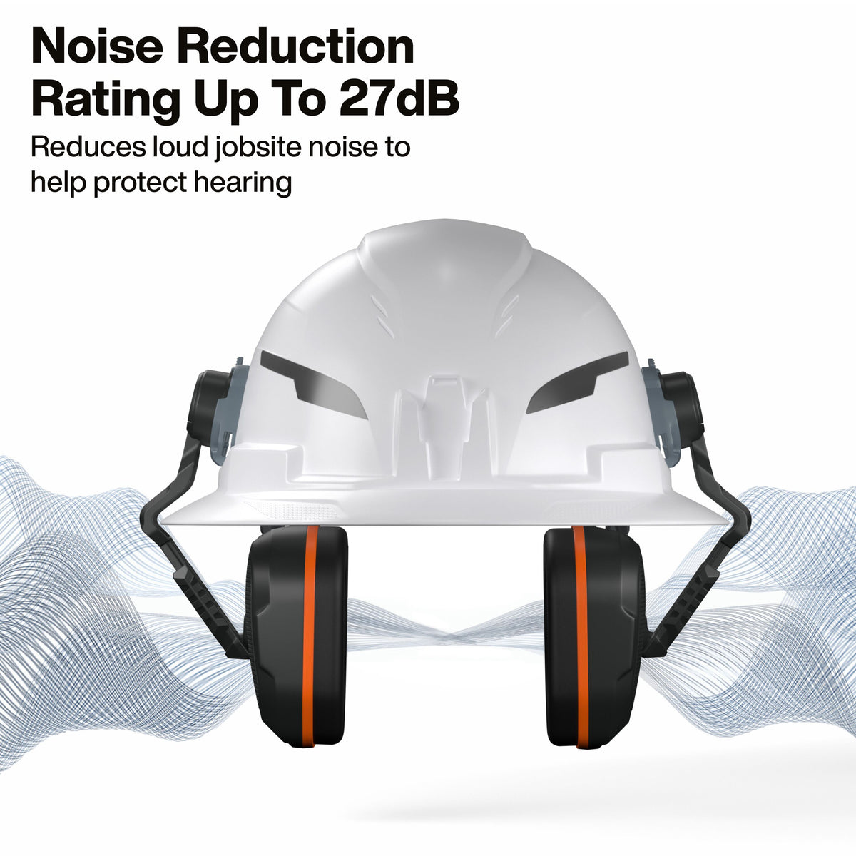 Klein Tools 22029 non-conductive earmuffs mounted on a Klein Class E-rated hard hat