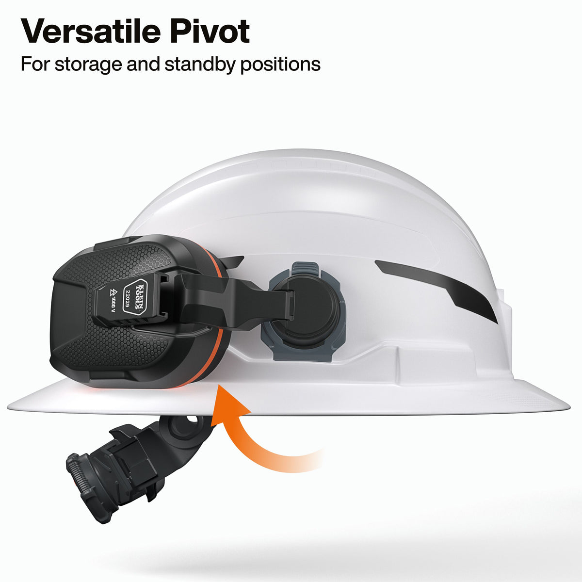 Klein Tools 22029 earmuffs pivoting ball joint in the storage position on a hard hat