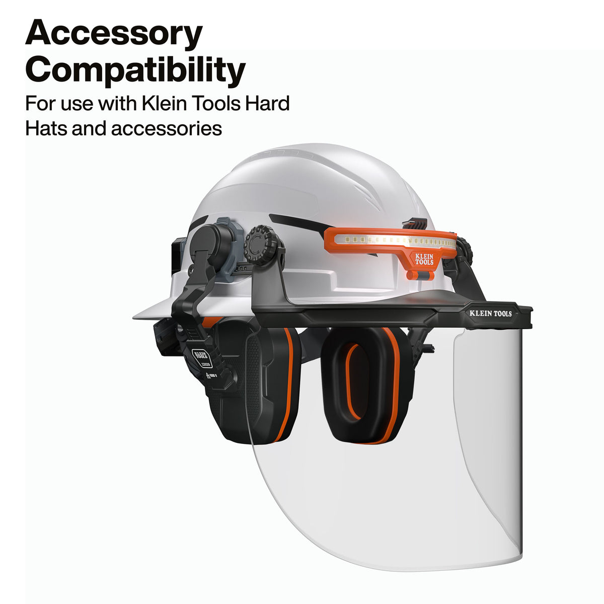 Klein Tools 22029 hard hat earmuffs used with a Klein face shield for combined protection