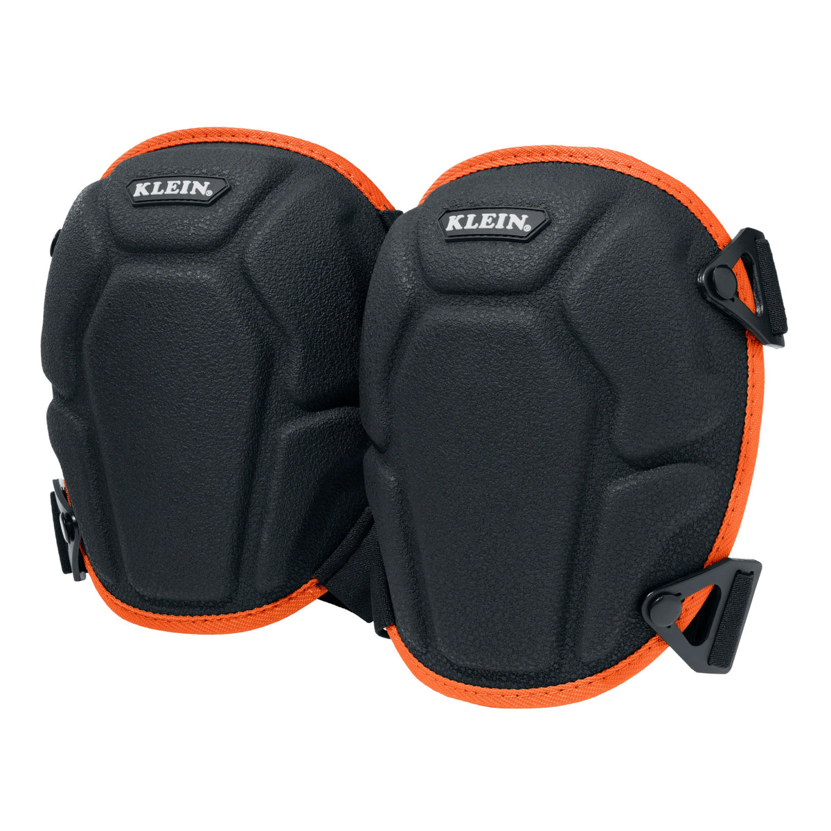 Klein Tools 22082 fabric cap knee pads in black and orange with dual adjustable straps