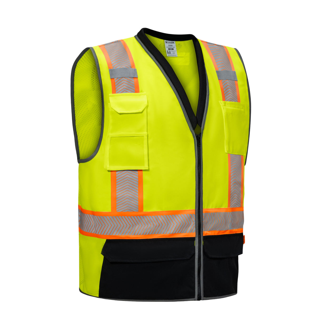 Klein Tools 22094 S/M Class 2 high-visibility safety vest in hi-vis yellow with reflective tape and front zipper