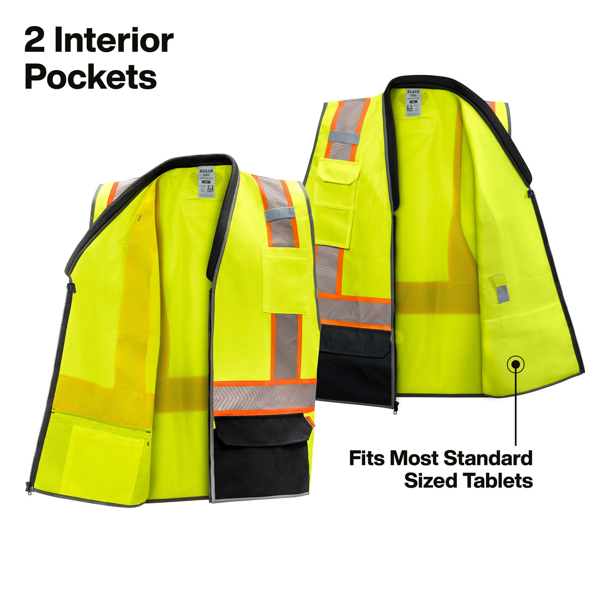 Klein Tools 22095 L/XL hi-vis vest 13-pocket storage with clear ID sleeve, tablet pocket and pen slots
