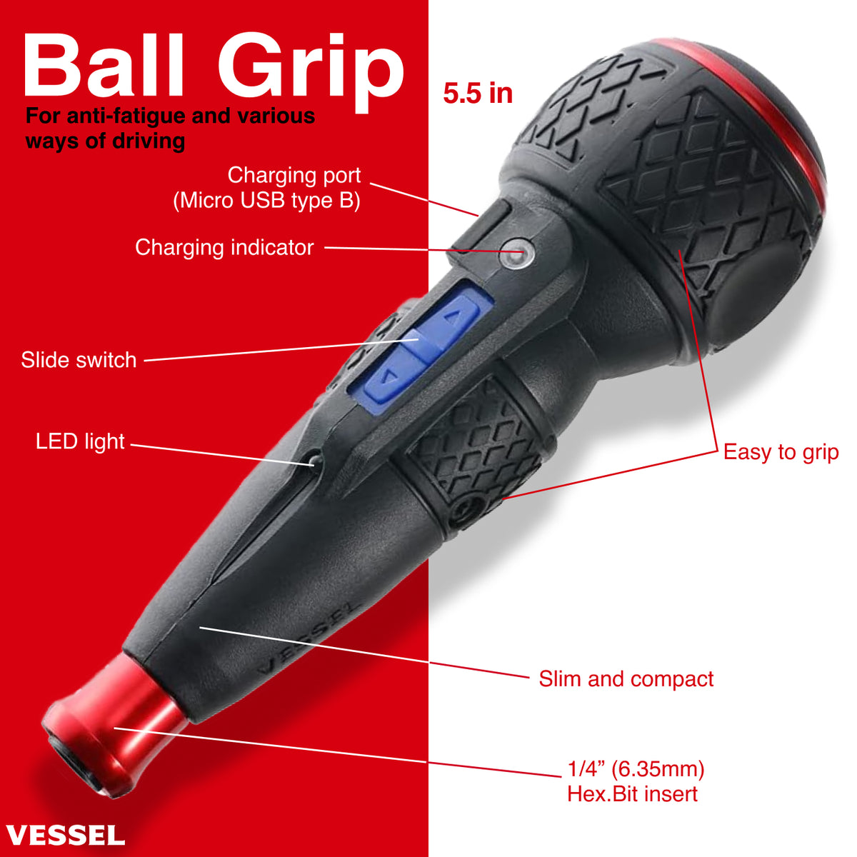 Vessel 220USB1U e-ASSIST screwdriver ball-grip detail