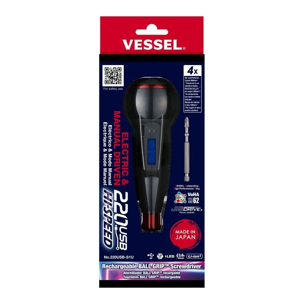 Vessel 220USBS1U "Speed Promotion" e-Assist USB Rechargeable High Speed Screwdriver w/ 11-Pc Bit Set + Ball Grip Holder