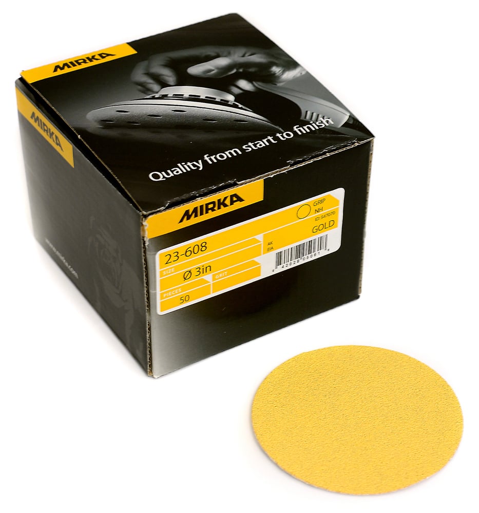 Mirka Gold 3-in. hook and loop sanding disc 50-pack box (23-608 series)