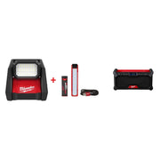 Milwaukee M18 ROVER Flood Light & USB Pocket Flood Light Set with M18 Bluetooth Jobsite Radio