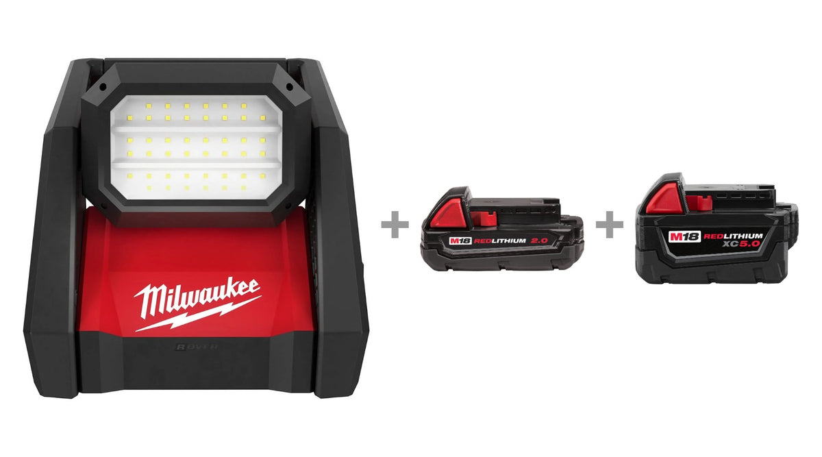 Milwaukee 2366-20 M18 ROVER Dual Power Flood Light with 48-11-1820 2.0Ah and 48-11-1850 XC5.0 M18 batteries bundle