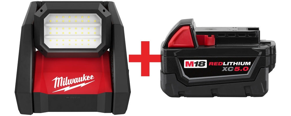 Milwaukee M18 ROVER Dual Power Flood Light with M18 XC 5.0Ah Battery Pack