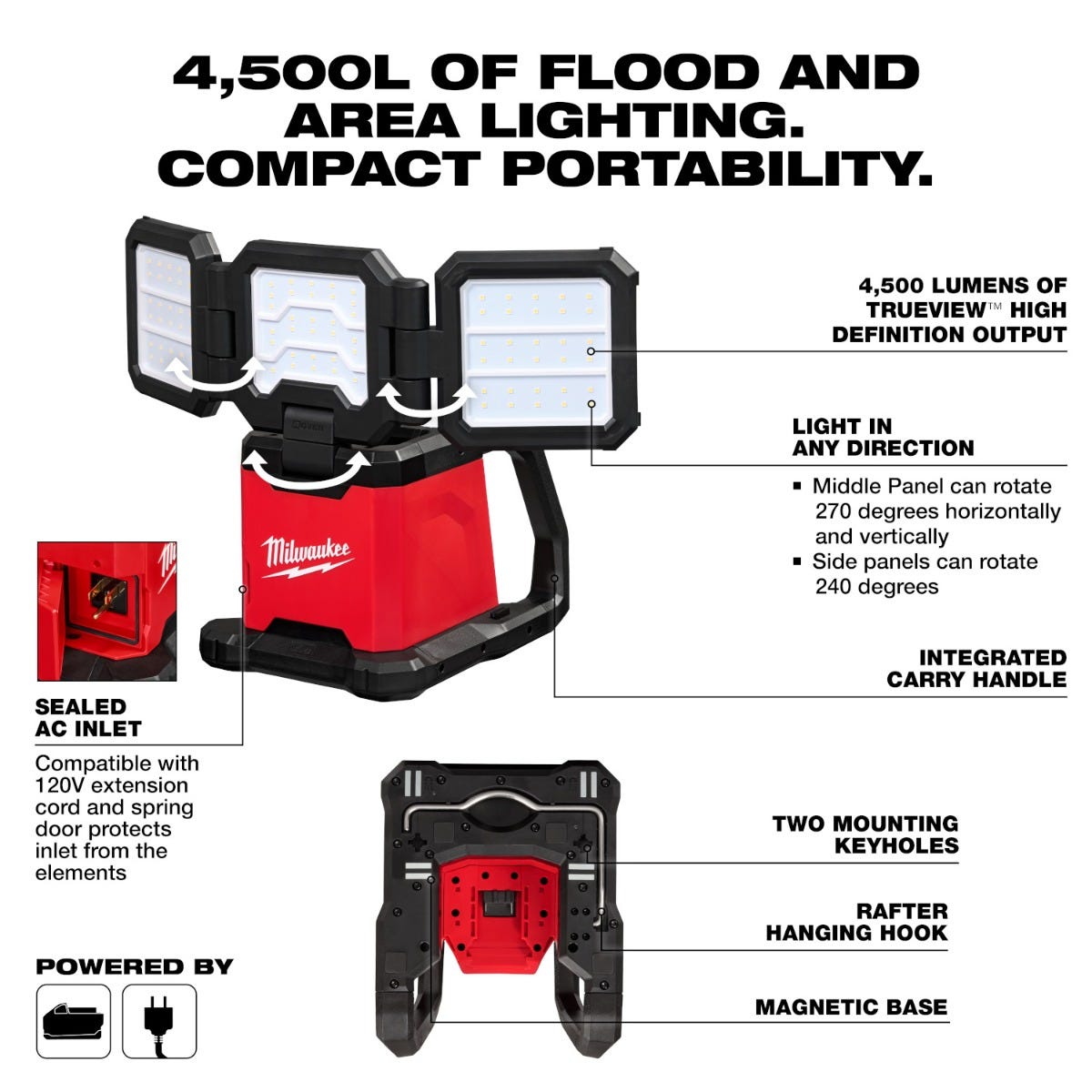 Milwaukee 2368-20 M18 ROVER Dual Power 4500-Lumen Triple-Panel Flood & Area Light, Tool Only