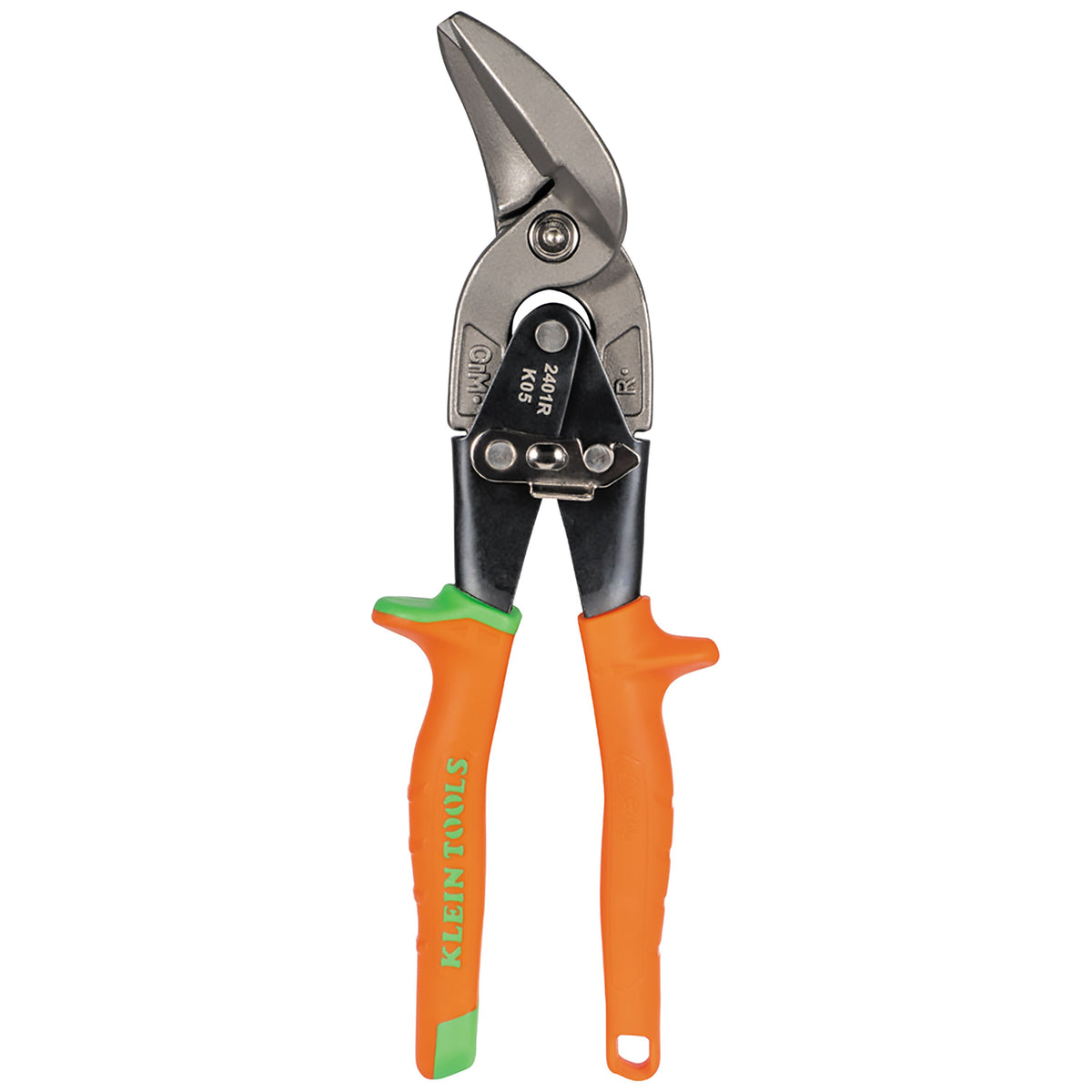 Klein Tools right-cut offset aviation snip from the 2403RL 2-pack, front view
