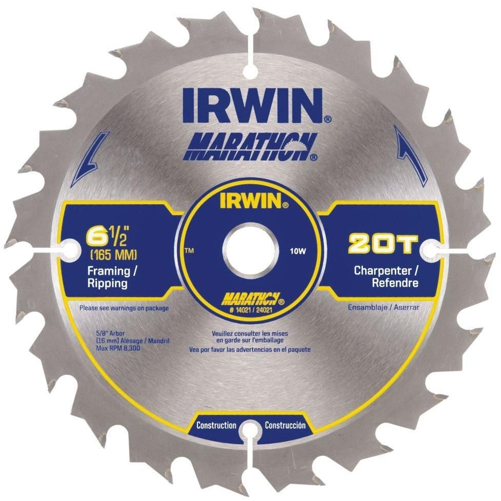 Irwin 24021 Marathon Portable Corded Carbide Circular Saw Blade 6-1/2-in. 20-Tooth ATB