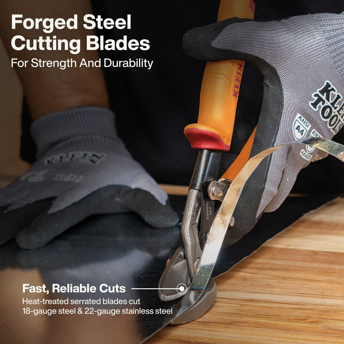 Klein Tools 2403RL offset snips keep the hand above sheet metal while cutting