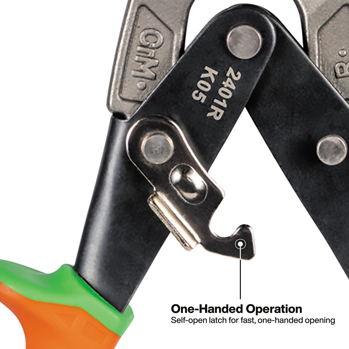 Klein Tools 2403RL aviation snips spring-loaded self-opening action and safety clasp