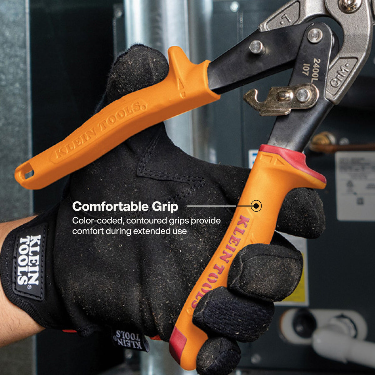 Klein Tools 2403RL offset snips contoured handles with thumb guards color-coded by cut direction