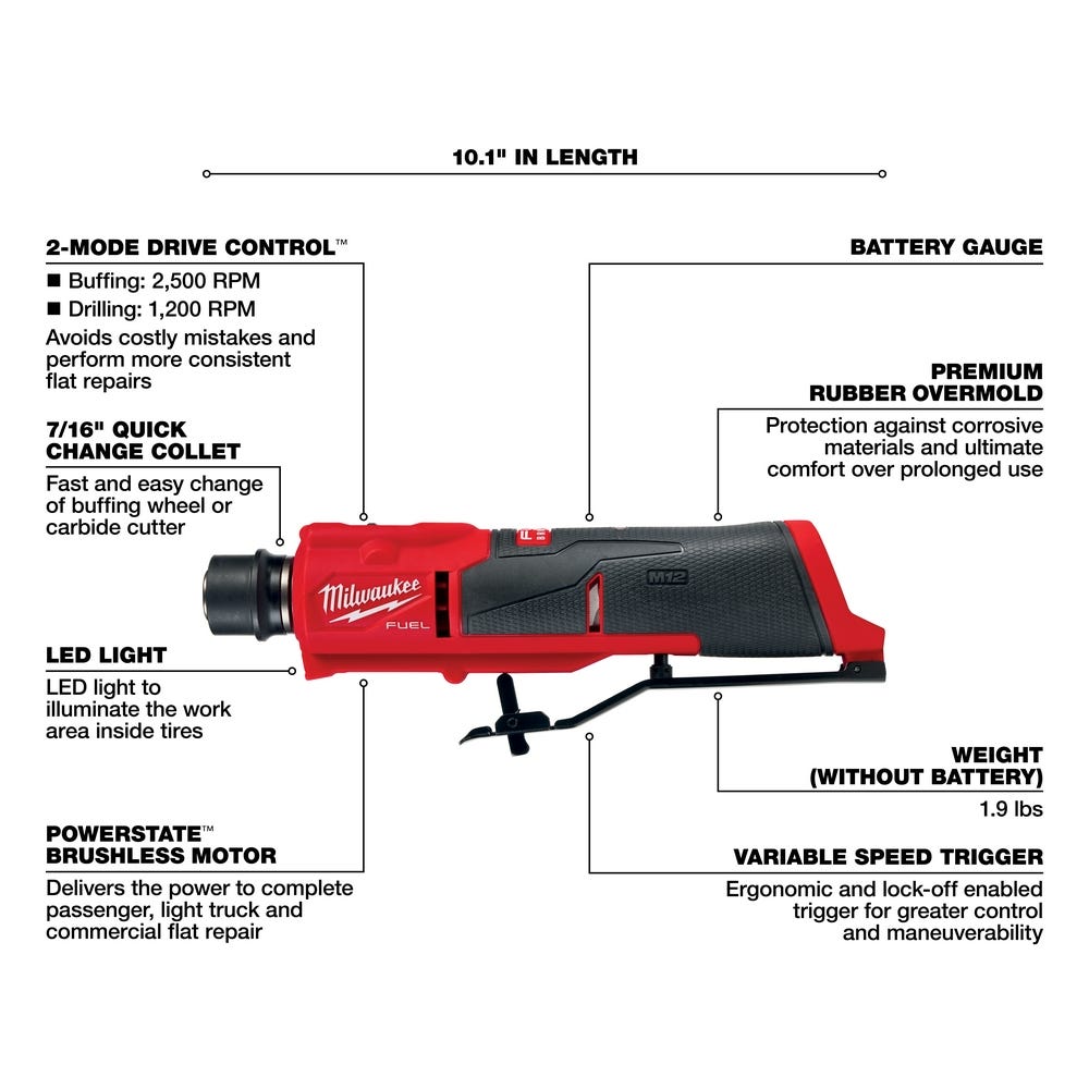 Milwaukee 2409-20 M12 FUEL Low Speed Tire Buffer, Tool Only