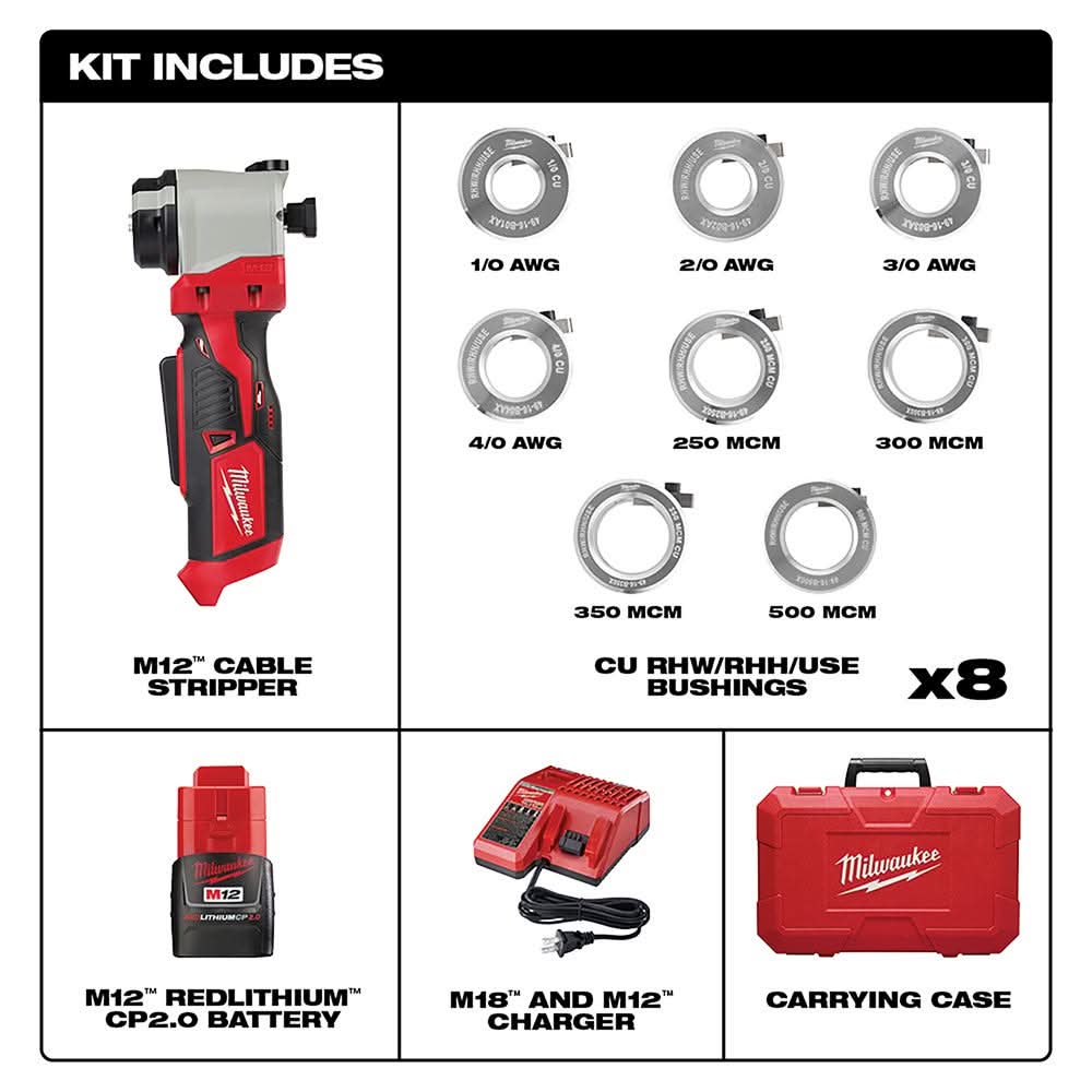 2435 Kit Milwaukee 2435X-21 M12 Cable Stripper 2.0Ah Kit for Copper RHW / RHH ...