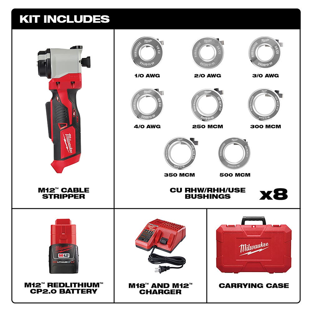 Milwaukee 2435X-21 M12 Cable Stripper 2.0Ah Kit for Copper RHW / RHH / USE