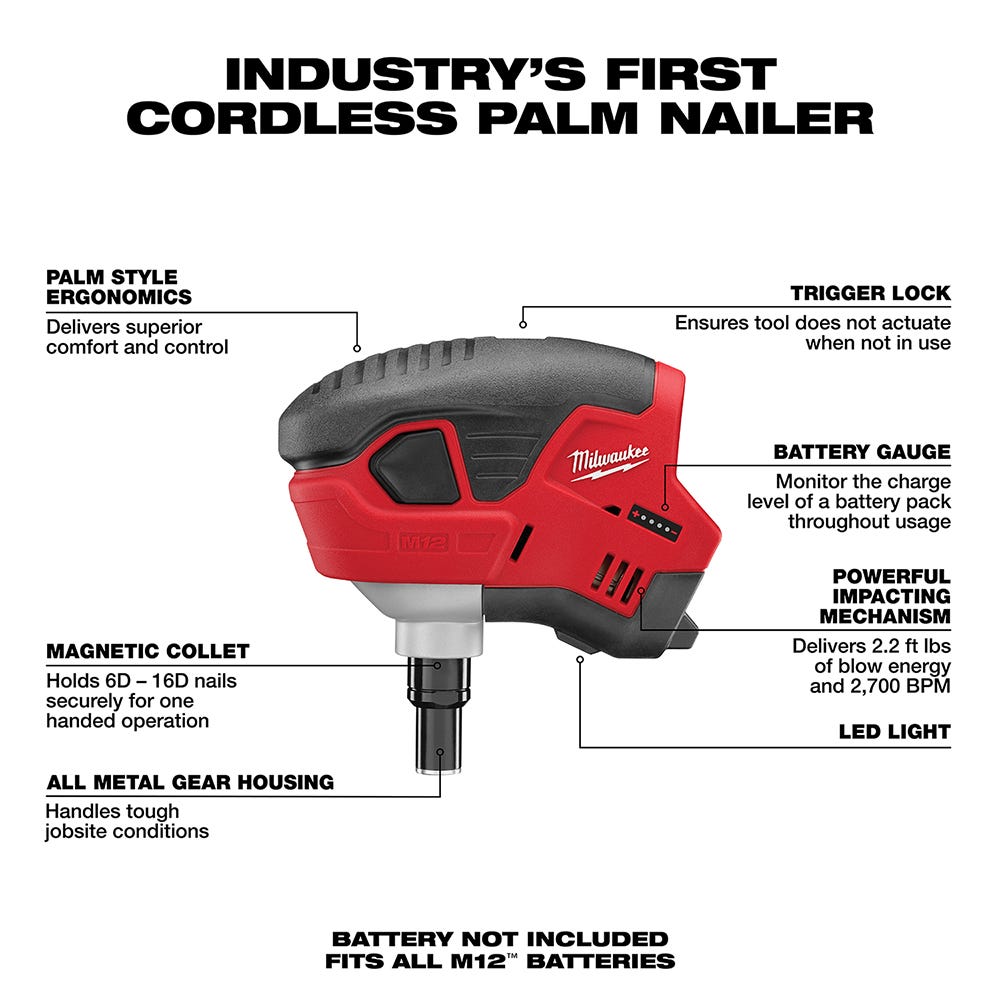 Milwaukee 2458-20 M12 Cordless Palm Nailer