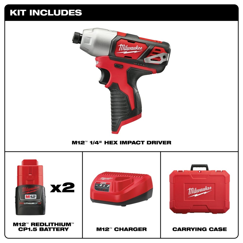 Milwaukee 2462-22 M12 1/4-Inch Hex Impact Driver 1.5AH Kit