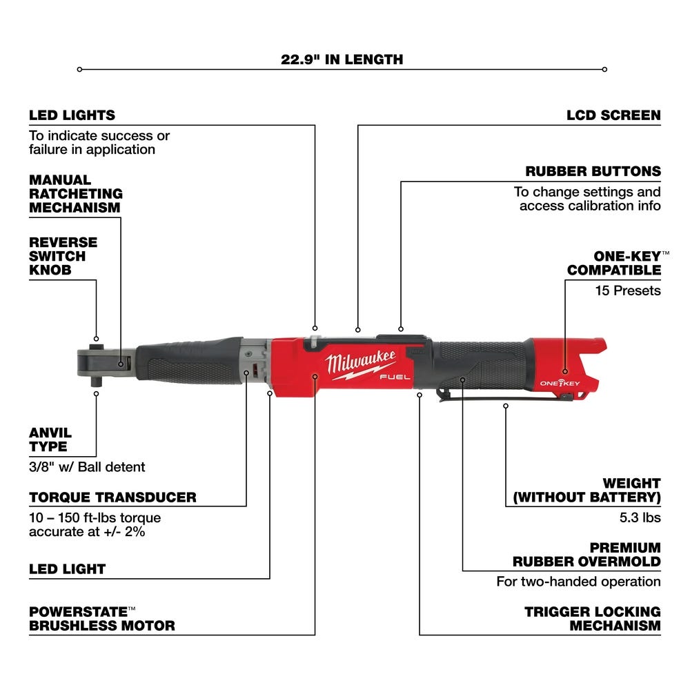 Milwaukee 2465-20 M12 FUEL Brushless One-Key 3/8" Digital Torque Wrench, Tool Only