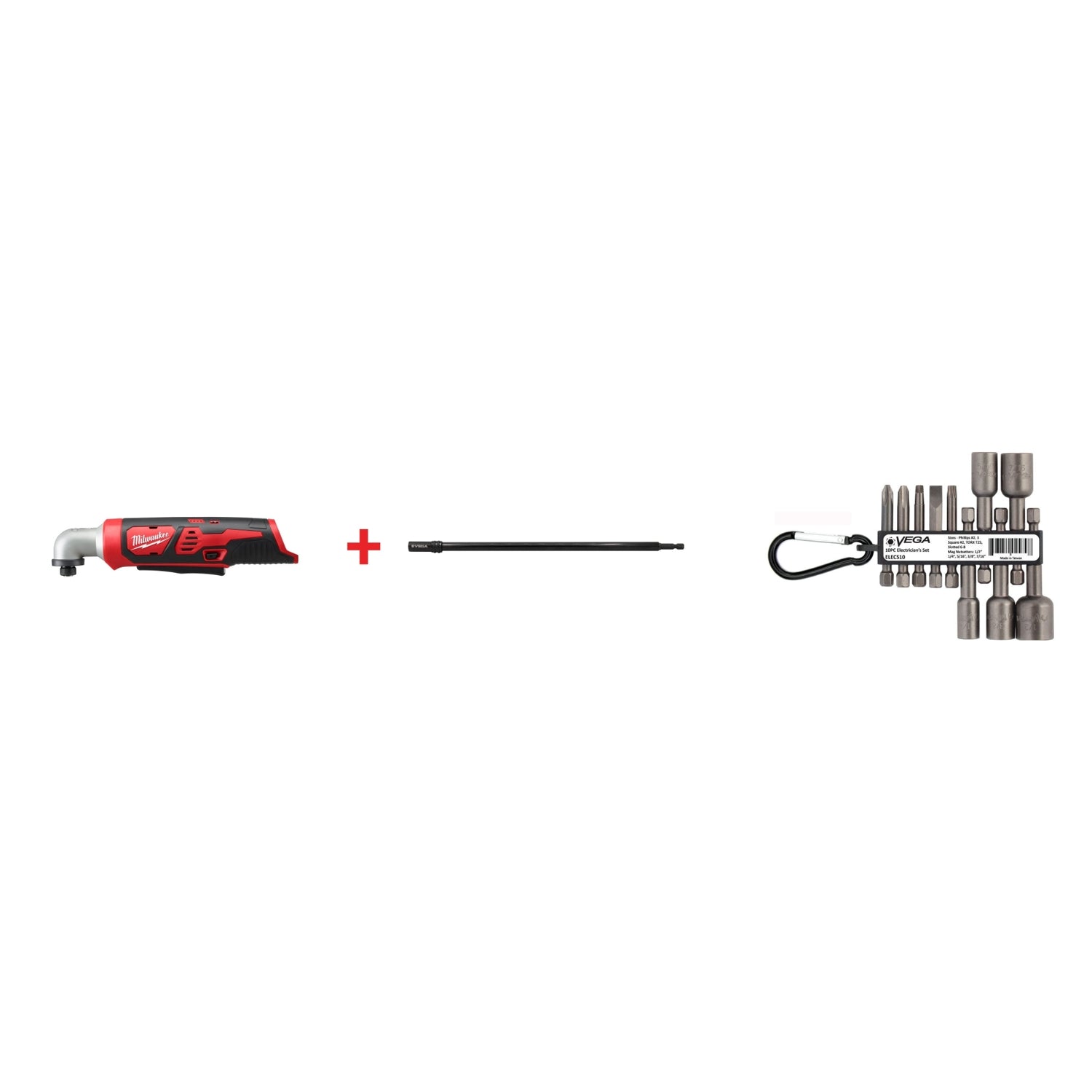 Milwaukee M12 1/4" Hex Right Angle Impact Driver, Tool Only with Vega Spin-Grip 1/4 in. Hex Bit Holder, 12 in. and 10pc Electrician's Set