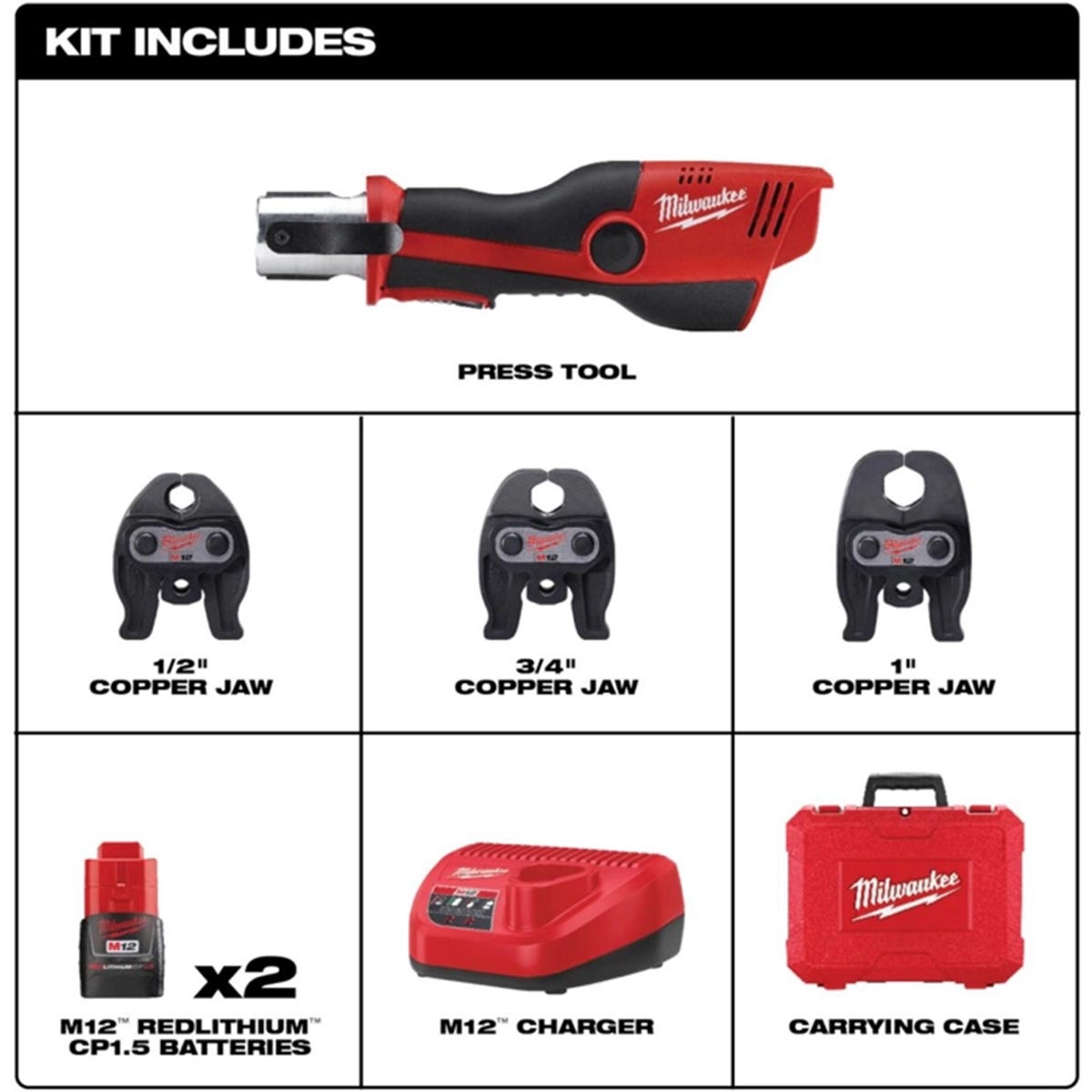 Milwaukee 2473-22 M12 FORCE LOGIC Press Tool Kit with Jaws and M12 Cordless Copper Tubing Cutter