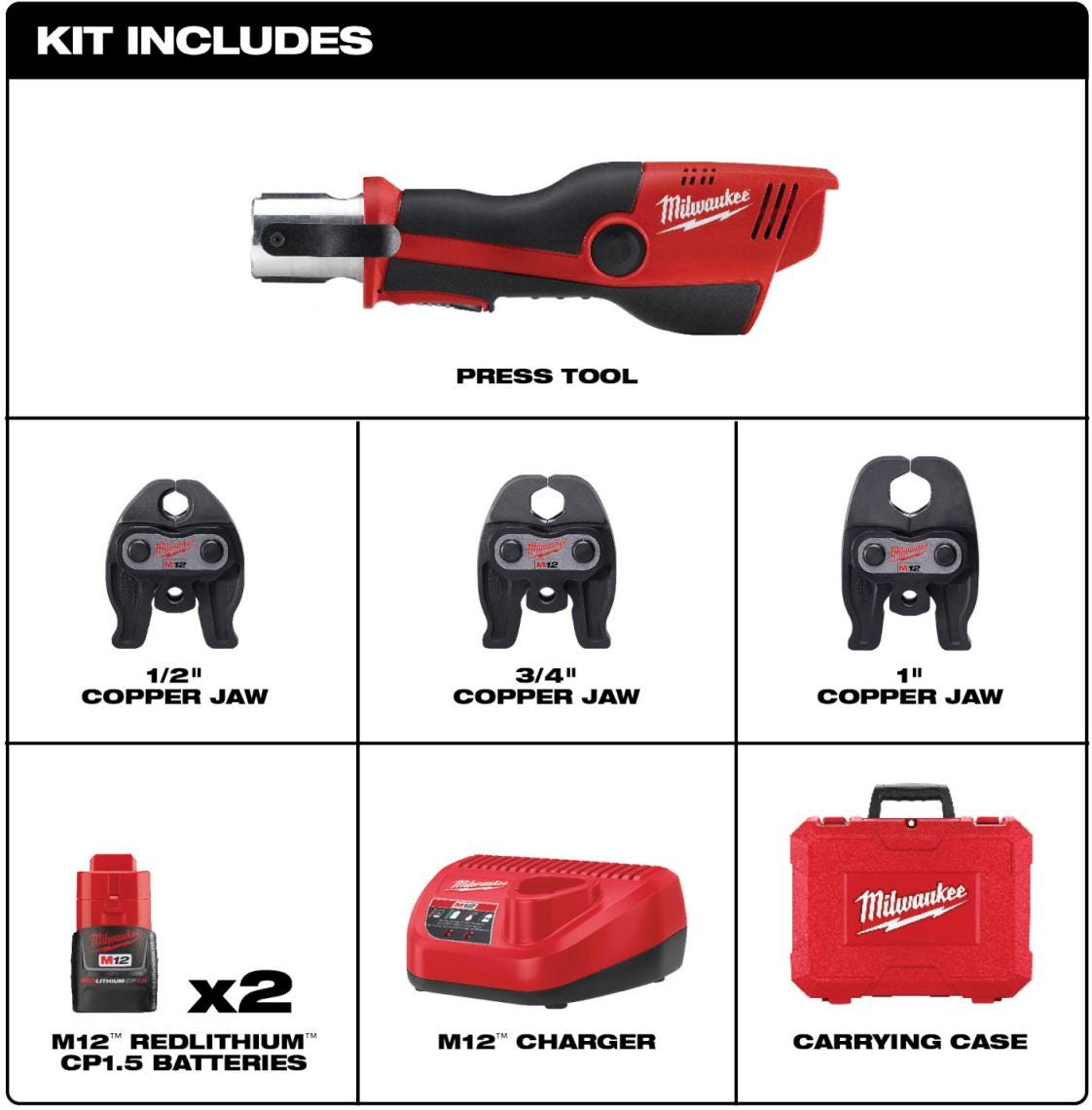 Milwaukee 2473-22 M12 FORCE LOGIC Press Tool Kit with Jaws with Extra Battery Pack