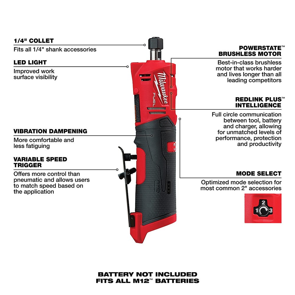 Milwaukee 2486-20 M12 FUEL Brushless Straight Die Grinder, Tool Only