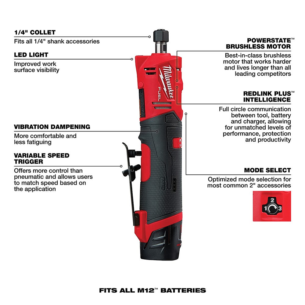 Milwaukee 2486-22 M12 FUEL Brushless Straight Die Grinder 2.0Ah Kit