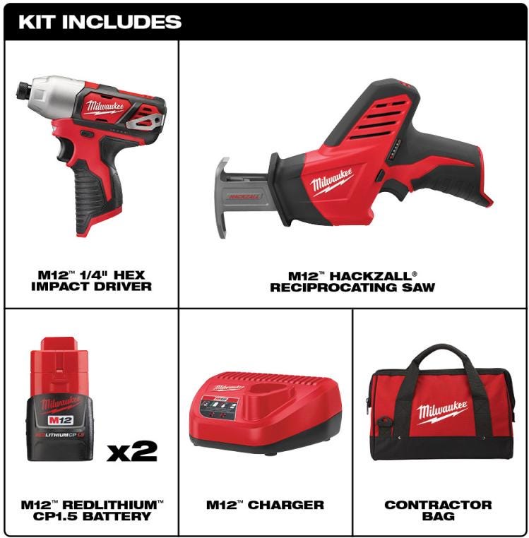 Milwaukee 2491-22 M12 Cordless Impact Driver + Recip Saw 2-Tool Combo Kit