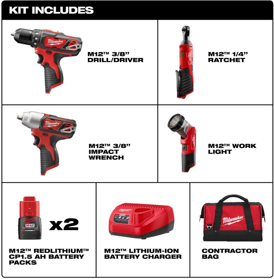 Milwaukee 2493-24 M12 Cordless 4 Tool Combo Kit