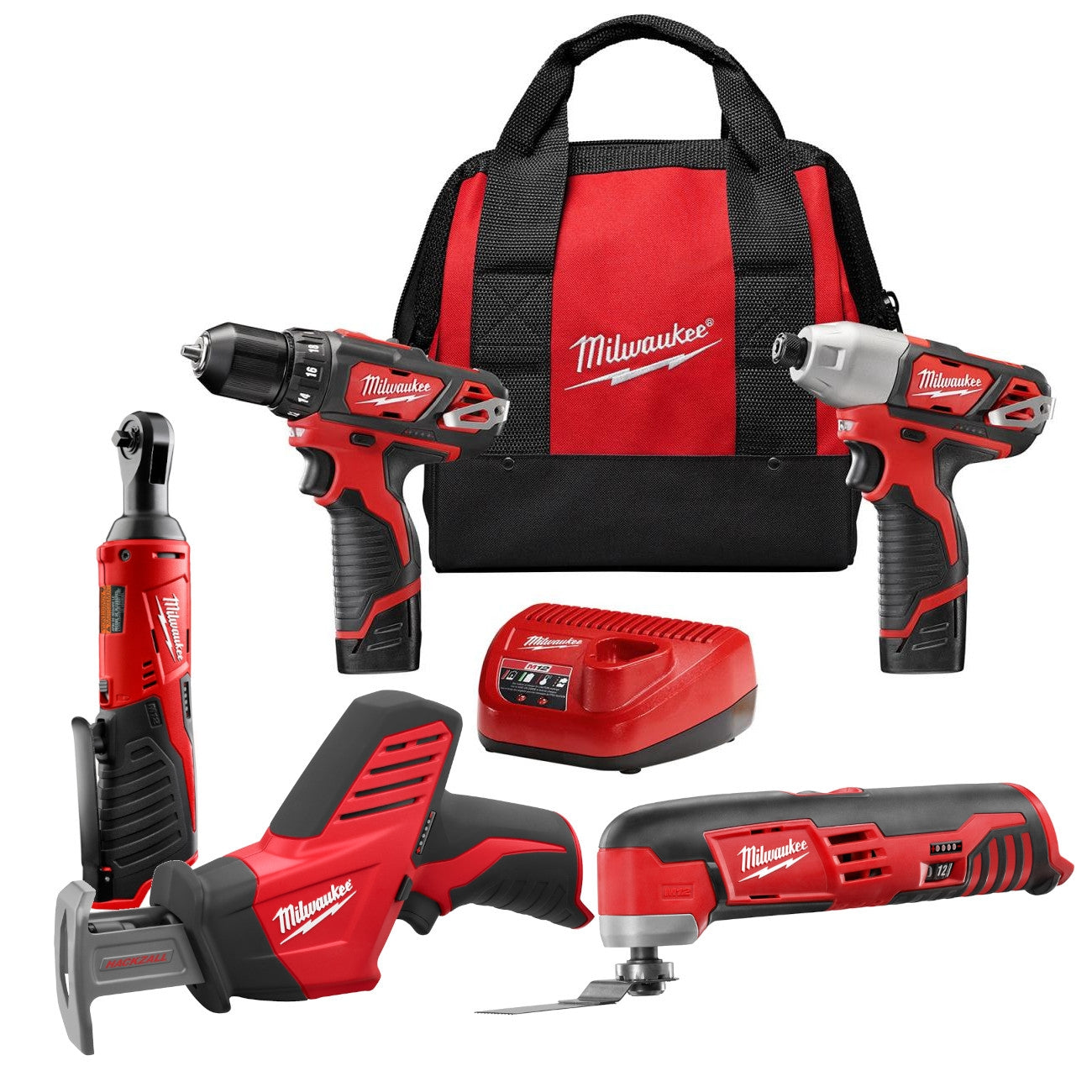 Milwaukee 2494-22 M12 12V 2-Tool Combo Kit plus M12 3/8-in. Ratchet, M12 HACKZALL Recip Saw and M12 Multi-Tool